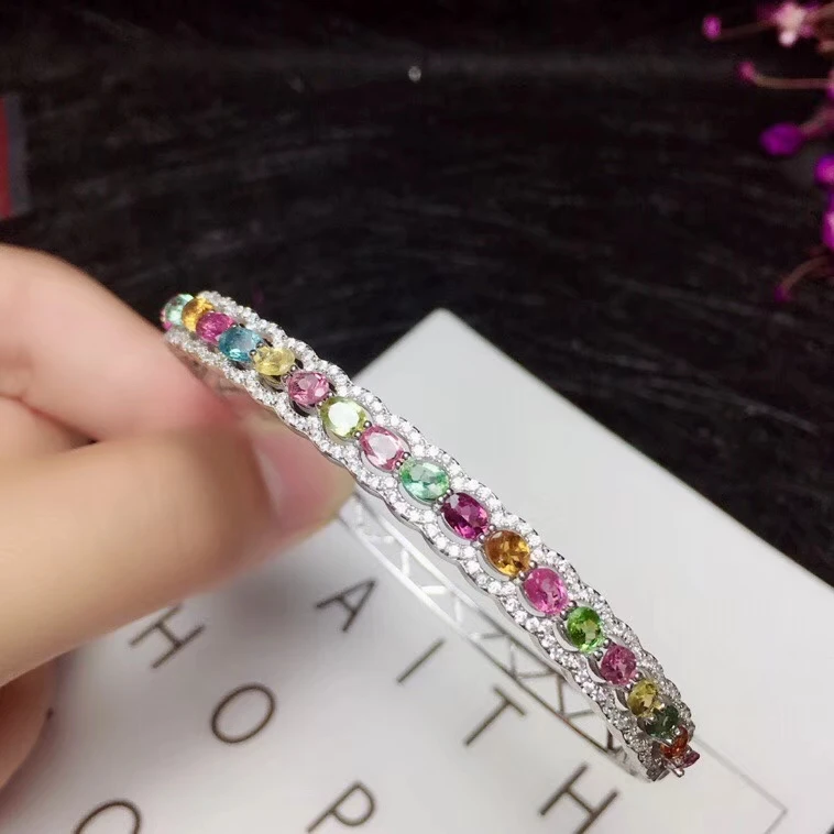  Luxueux rangée vague naturel multicolore tourmaline bracelets naturel pierres précieuses Bracelet S
