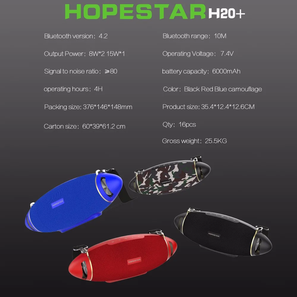 HOPESTAR H20+ Bluetooth Speaker Super Bass Column Wireless Portable boom box Waterproof Stereo Outdoor Subwoofer Support USB TF