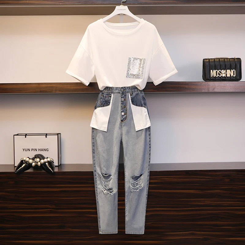 

CBAFU hole denim pants suit women's set sequins pocket T-Shirt jeans suit 2 piece set summer loose set new fashion D863