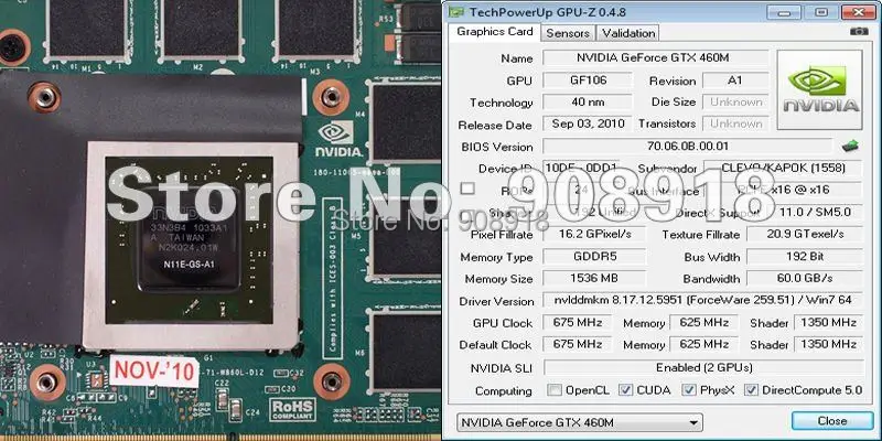  GeForce GTX460M DDR5  MXM B VGA Video Card for msi 16F21 (GX680 GT683 GT683DX GX660DX) Clevo X7200 X8100 W880CU W860CU 