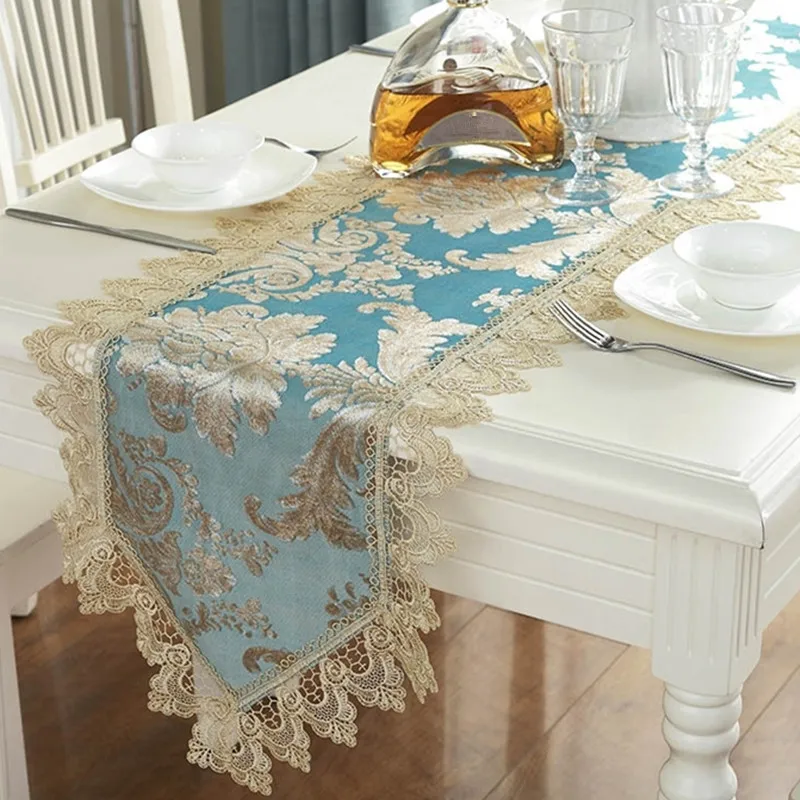 Blue Embroidery Table Runner Elegant Lace Tableware for Dining Room Restaurant Cafe Wedding