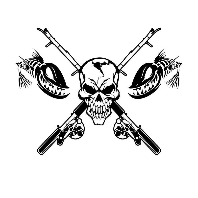 

17.7CM*23.4CM Personality Skull Cast Fishing Pole car Stickers Reflective Waterproof Vinyl Decals C7-0497