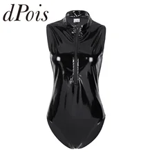 Женские с высокой посадкой Wetlook лакированная кожа Бюст молния трико Один кусок без рукавов боди Купальник комбинезон Клубная одежда боди