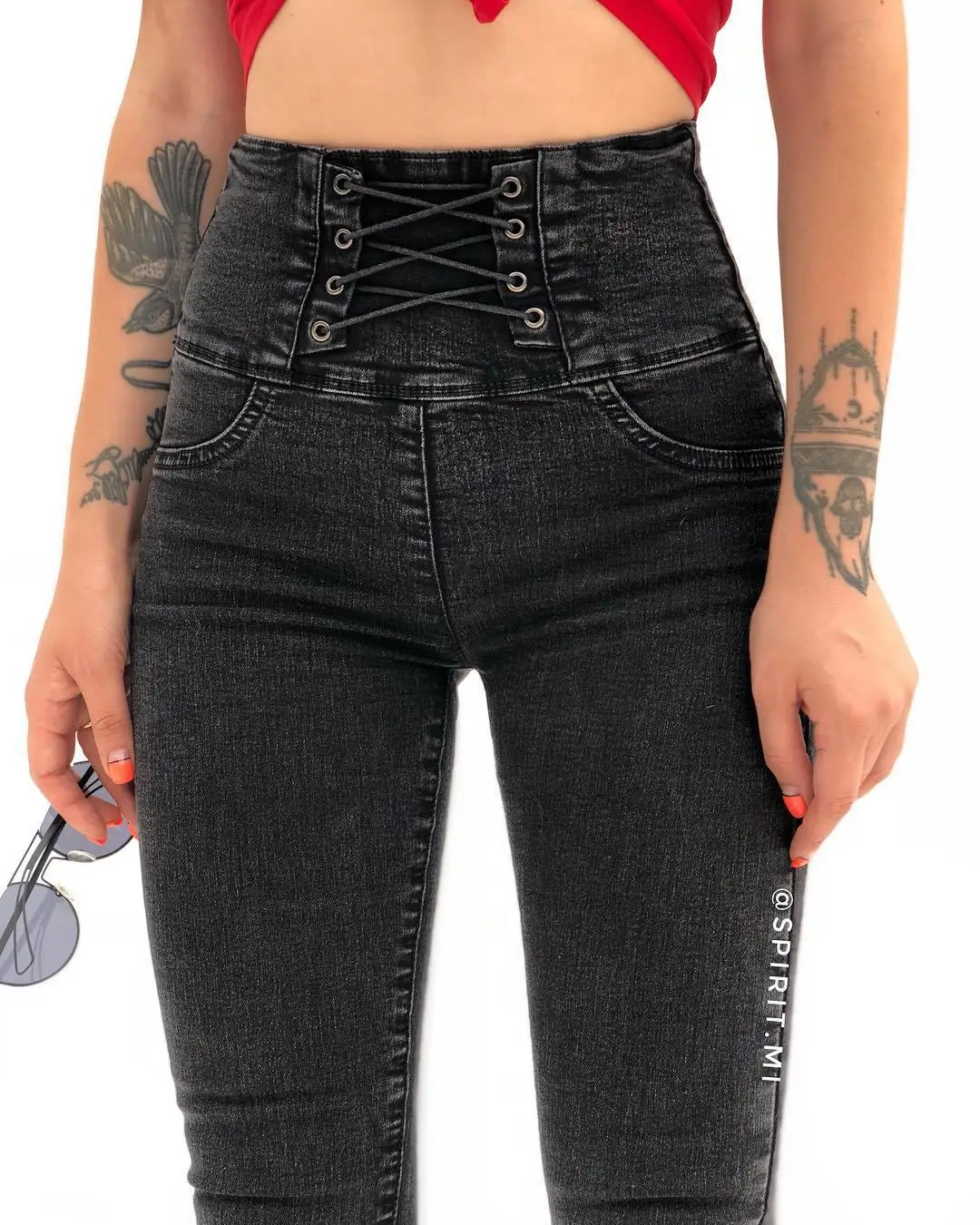 New Women Gothic Sexy Jeans Fashion Streetwear Hight Waist Punk Long Skinny Pants - Цвет: Черный