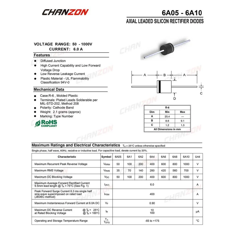 20 шт.) 6A4 Выпрямитель Диод 6A 400 В R-6 осевой 6 Ампер 400 вольт электронный кремний