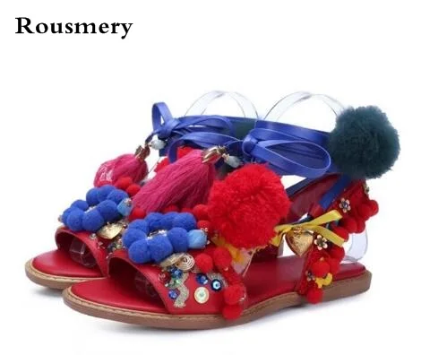 Handmade Rome gladiator sandals women Flats Bead Fringed Tie Up Woman Sandals Shoes Fur Cross Strap Floral Pom Pom Sandals Handmade Rome gladiator sandals women Flats Bead Fringed Tie Up Woman Sandals Shoes Fur Cross Strap Floral Pom Pom Sandals