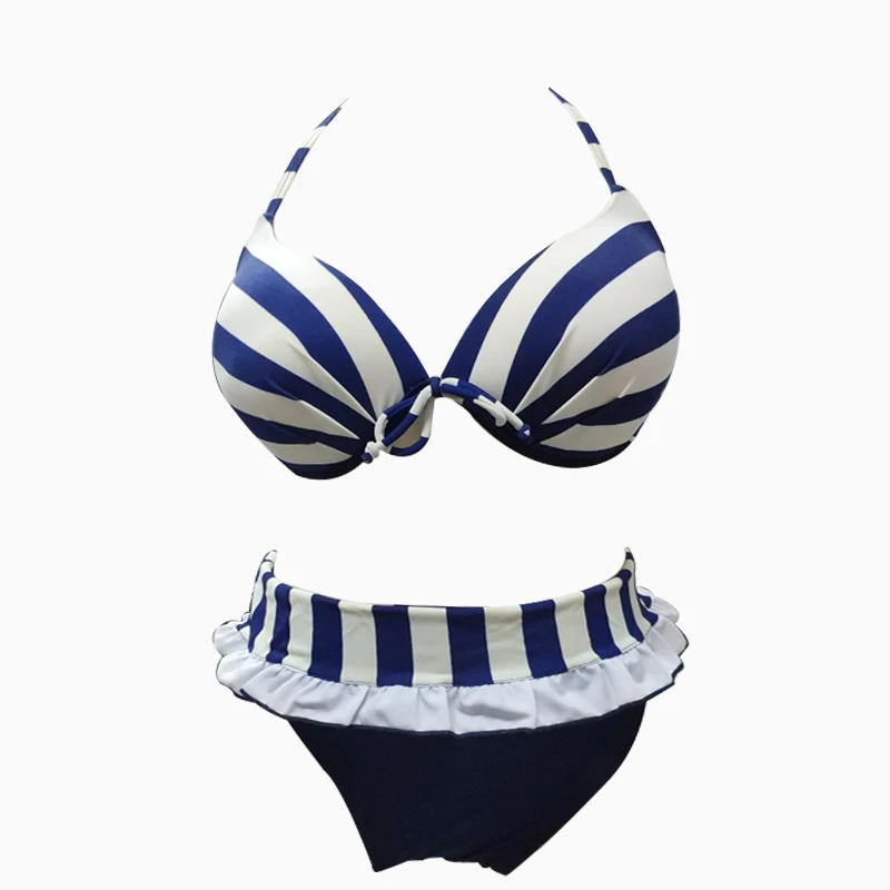 

2019 new navy version striped three-piece swimsuit with skirt can be ordered plus fertilizer to increase the size
