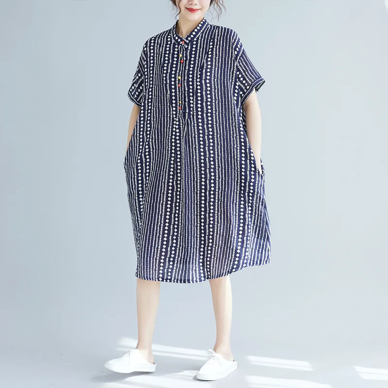 

Johnature Casual Striped Print Shirt Dresses 2019 New Stand Collar Short Sleeve Comfortavle Pockets Loose Women Dress Summer