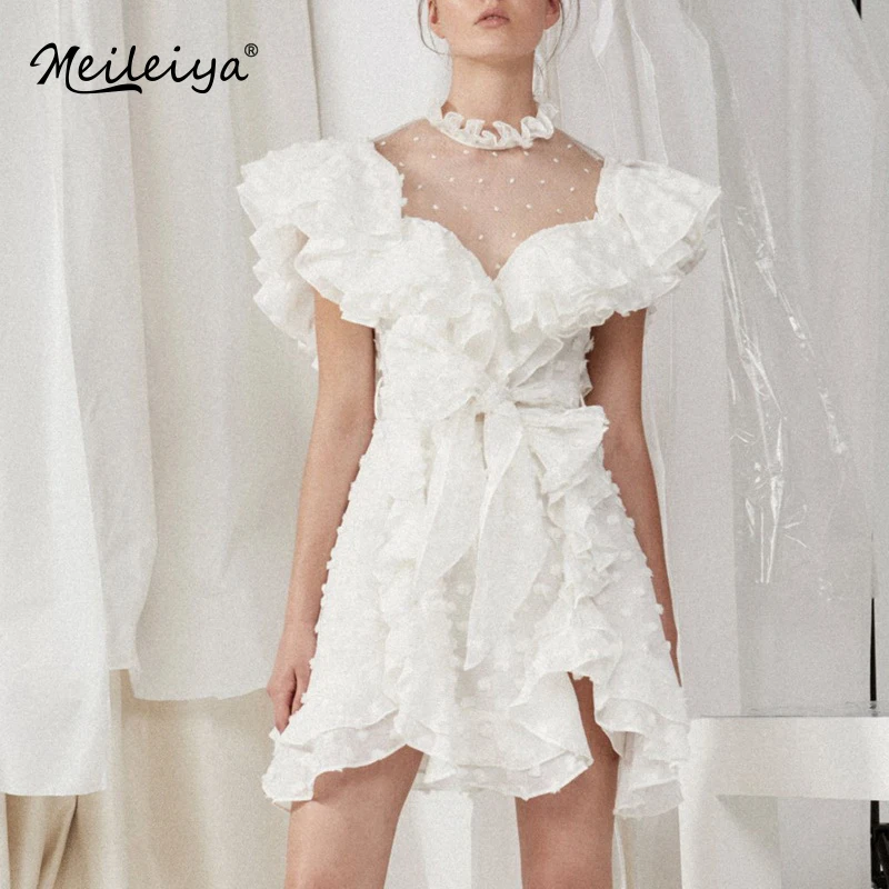 

2019 Vocation Beach Women White Mesh Dress Elegant Sexy Lace Ruffle Slim Solid Short Sleeve Mini Dress White Color