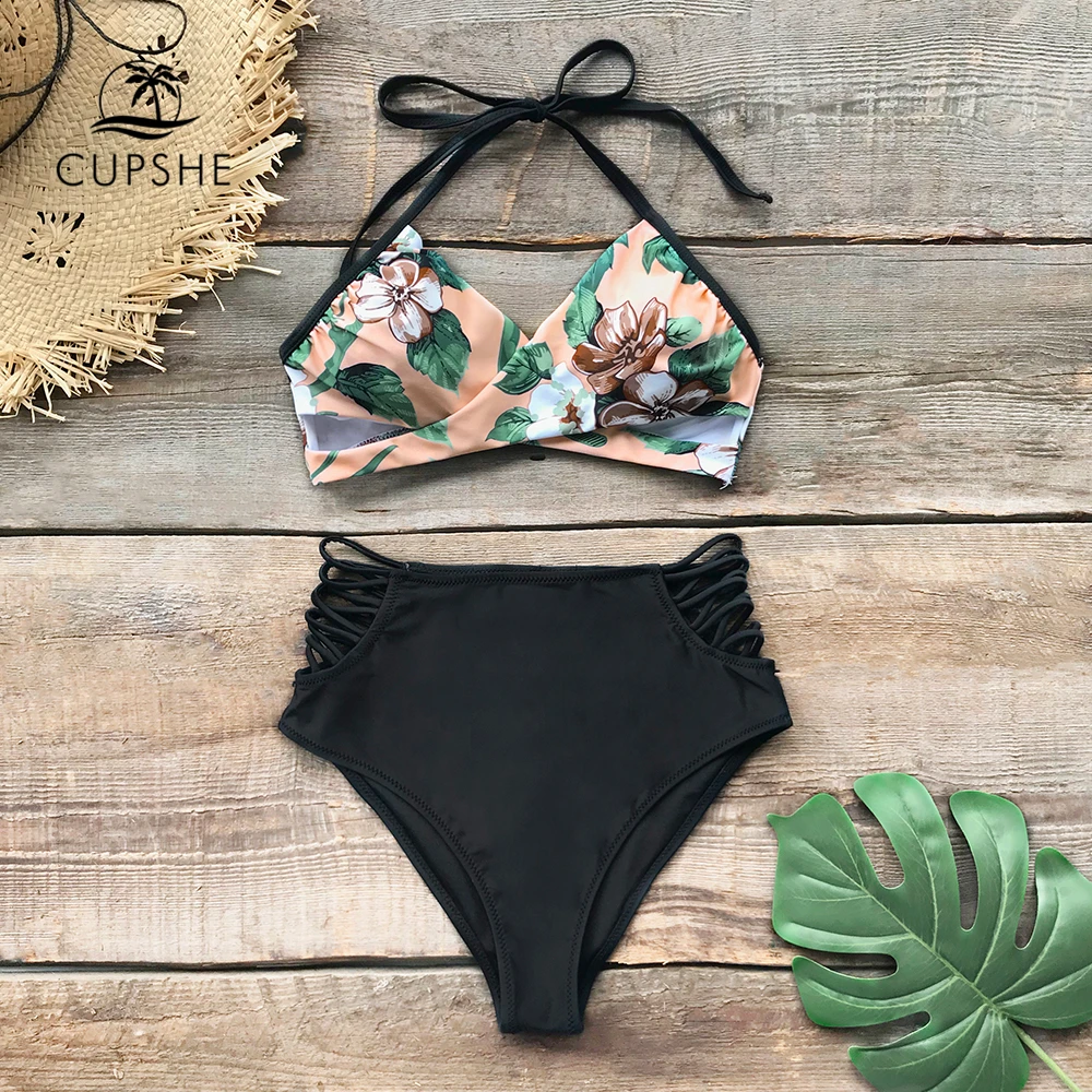 Günstige CUPSHE Grün Und Floral Lace up Halter Bikini Sets Frauen Scalloped Zwei Stück Badeanzüge 2019 Mädchen Strand Badeanzüge