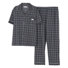 Весна Осень мужские пижамы хлопок пижама в полоску комплект с коротким рукавом Turn-Down Воротник повседневные мужские пижамы плюс размер L-3XL Pijama