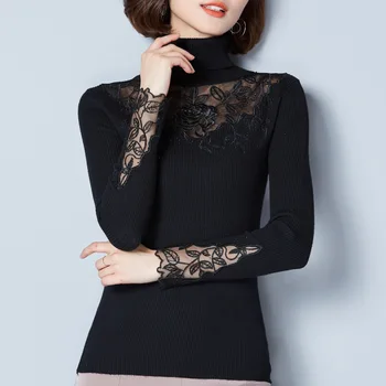 

Winter Womens High Fashion Turtleneck Elastic Sexy Lace Patchwork Thick Warm Black Sweater Female Casual Slim Elegant Pullovers
