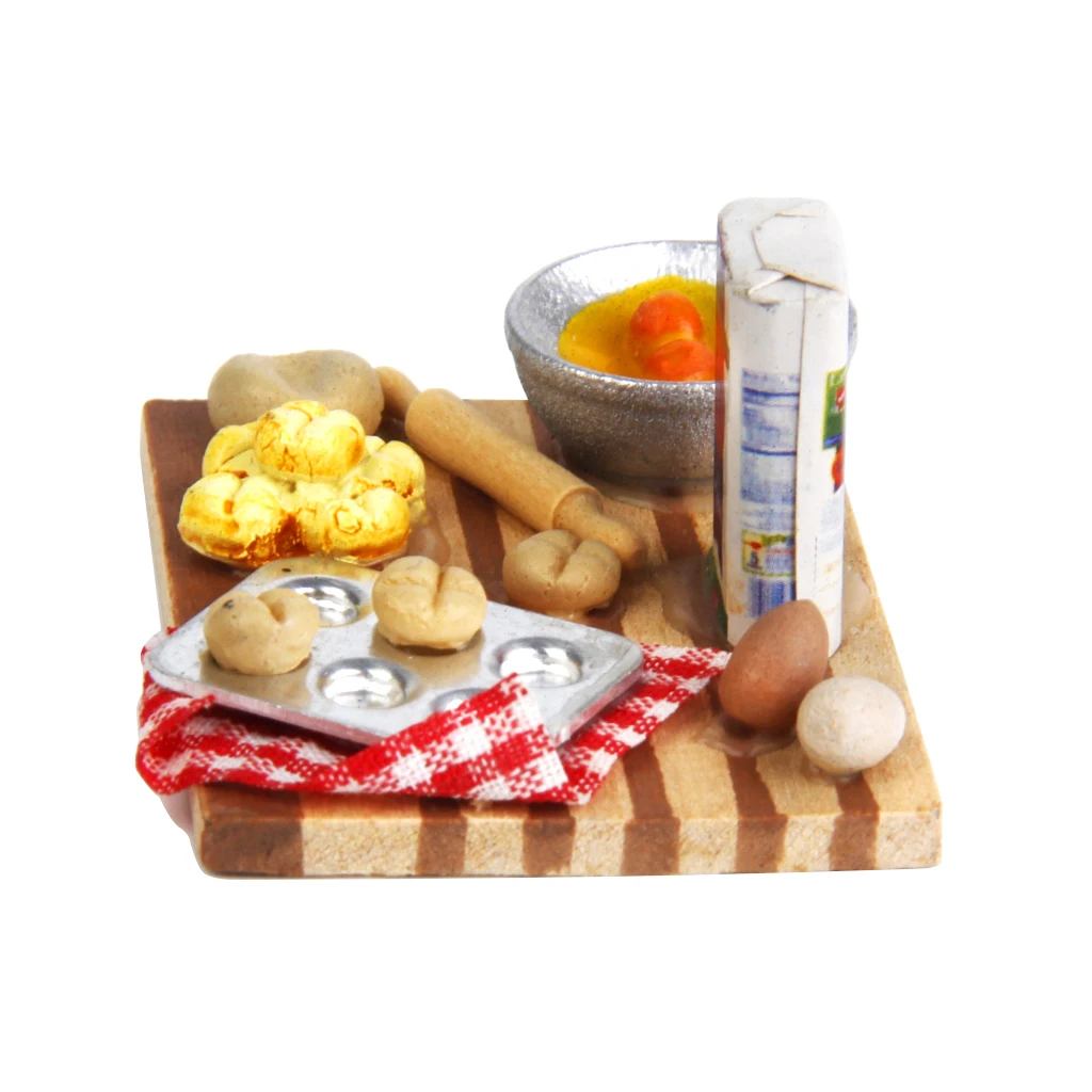 Colorful 1 Set 1/12 Dollhouse Miniature Kitchen Food Eggs Milk Bread on Board for Kids Role Play Game Tableware Cookware