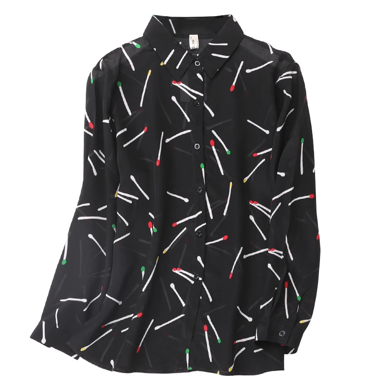 

100% natural silk Blouses OL geometric print Long Sleeve Real Silk Blouse Tops for women Office Wear Shirts work black Blouses