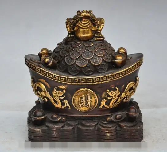 

S00683 7"Chinese Bronze Gilt Wealth Yuanbao money Dragon Golden Toad Statue (B0413)