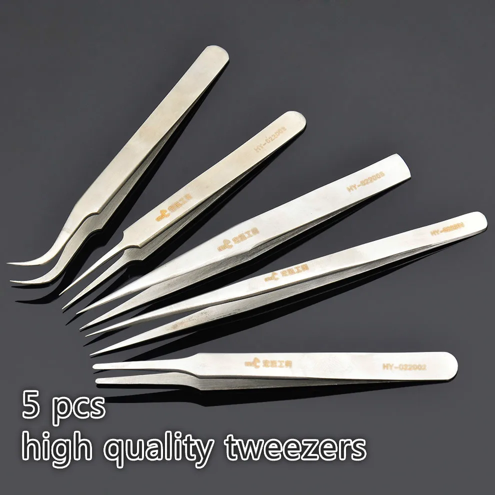 5pcs High Precision Stainless Steel Tweezers Forceps Plus Hard Elastic