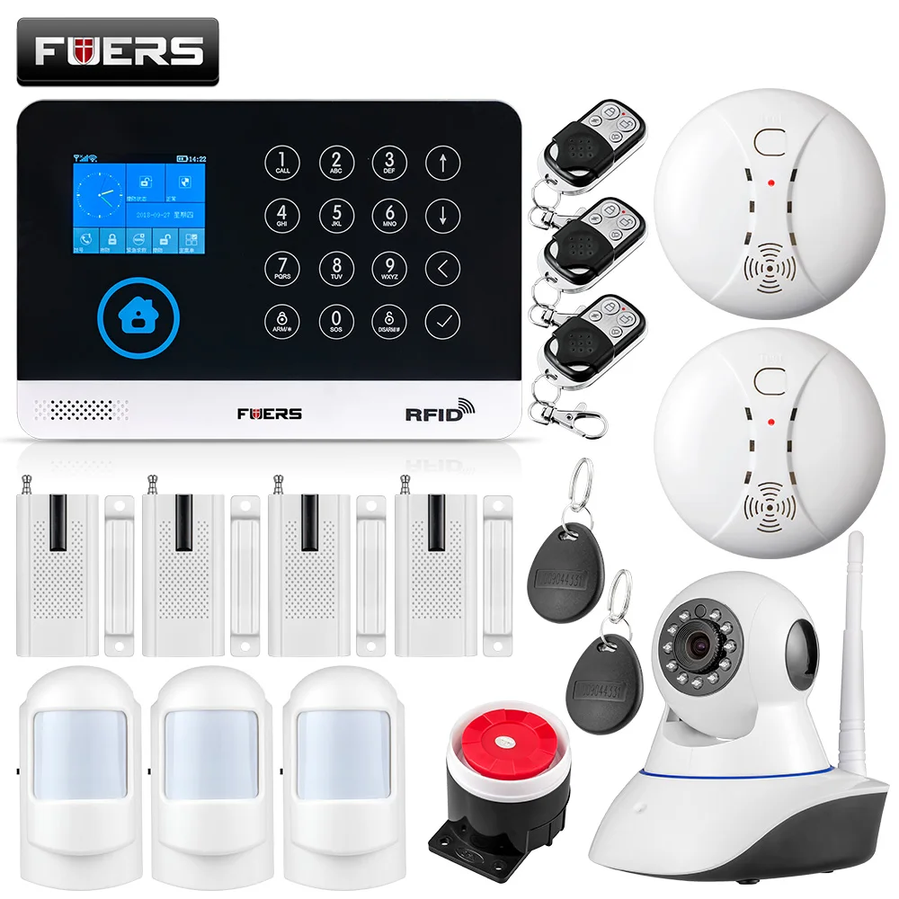 FUERS WG11 WIFI GSM inalámbrico hogar negocio antirrobo sistema de alarma de seguridad APP Control sirena RFID Detector de movimiento PIR Sensor de humo