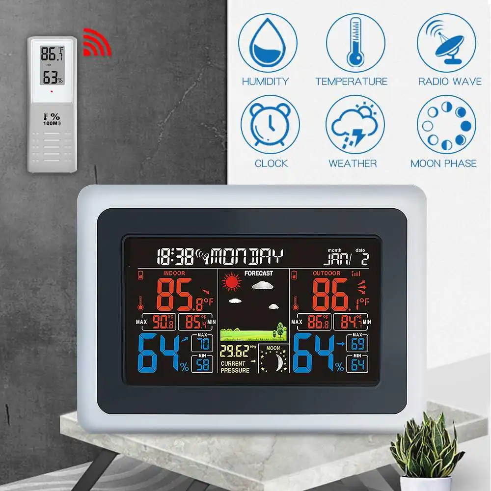 

7inch Wall Weather Station wave Thermometer Hygrometer Calendar Wireless Sensor LCD Display Weather Wind Forecast