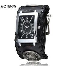 Relojes de estilo gótico Vintage Rock Punk para hombre, pulsera de Lobo, cuero negro, cuarzo, reloj de pulsera para hombre, reloj creativo Masculino 2018