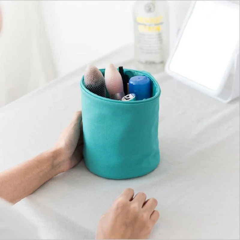 PINMOO Barrel Shaped Travel Cosmetic Bag Canvas round makeup organizer