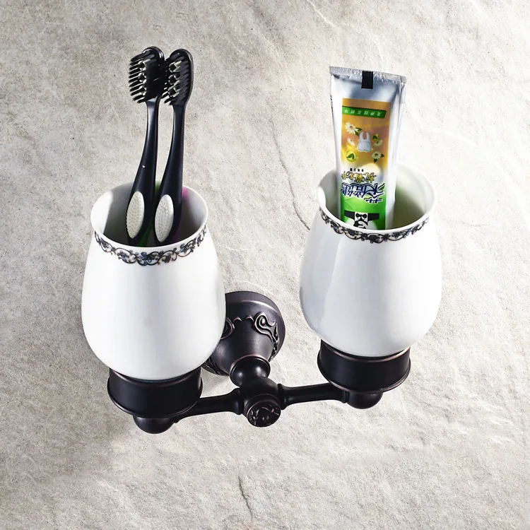 Antique Luxury Brass Cup Holder Cup Bathroom Holder Carved Double Cup