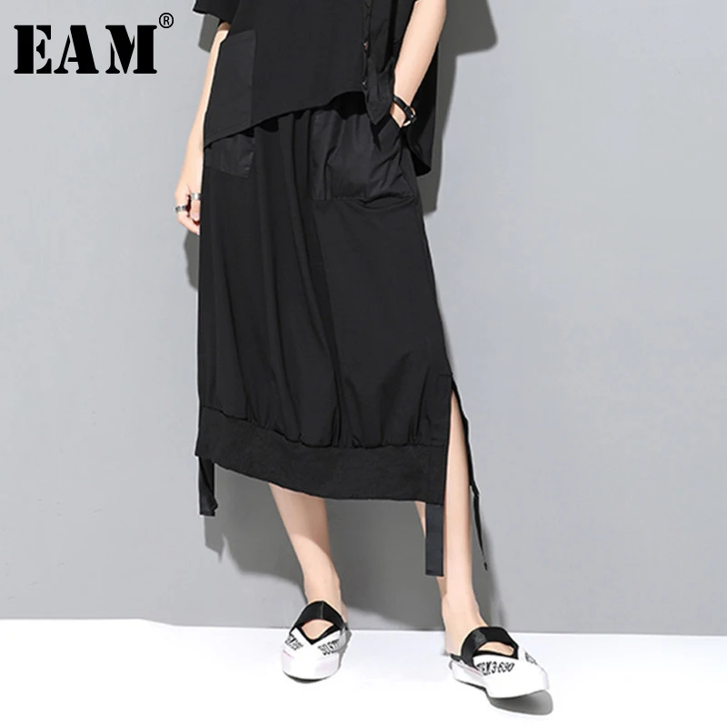 

[EAM] 2019 New Spring Summer High Elastic Waist Black Ribbon Split Joint Irregular Half-body Skirt Women Fashion Tide JW071