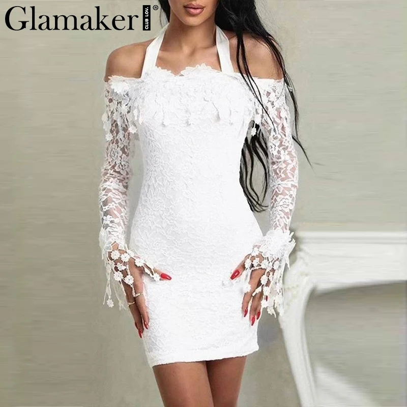 Glamake White lace halter bodycon dress Women off shoulder long sleeve sexy dress Elegant autumn party vintage mini dress winter