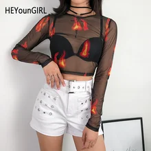 HEYounGIRL черная сетчатая Сексуальная футболка для женщин прозрачный короткий топ с длинным рукавом огненный принт Прозрачная Футболка женские вечерние весенние
