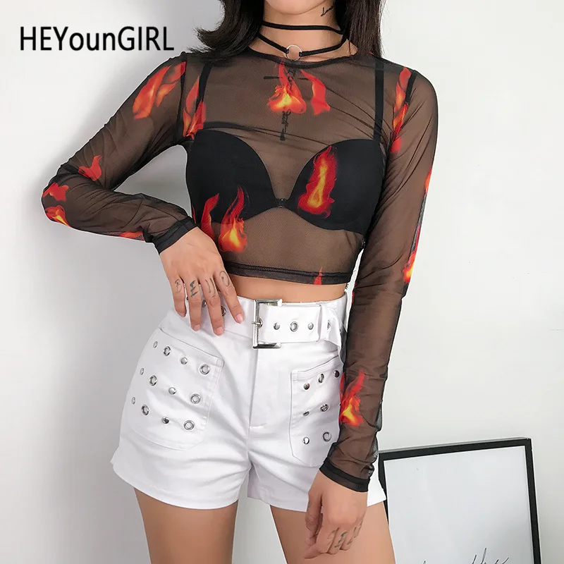 

HEYounGIRL Black Mesh Sexy T Shirt Women Transparent Long Sleeve Crop Top Fire Printed See Through Tee Shirt Woman Party Spring