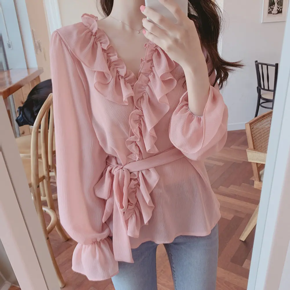 

Ruched Hem Ruffles Patchwork Chiffon Shirt Women Blouse with Belt Spring Summer Sheer Chemise Femme Chemisier Blusa Mujer Camisa