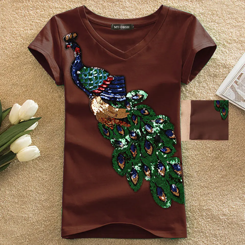 Благородная элегантная женская футболка с павлином, расшитая блестками, женская модная новая футболка, женская одежда Sakura - Цвет: V neck Coffee