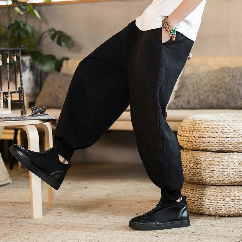 

Chinese Mens Thin Harem Pants Vintage Linen Ankle-length Pants Male Loose Drawstring Bloomers Elastic Leg Cool Summer