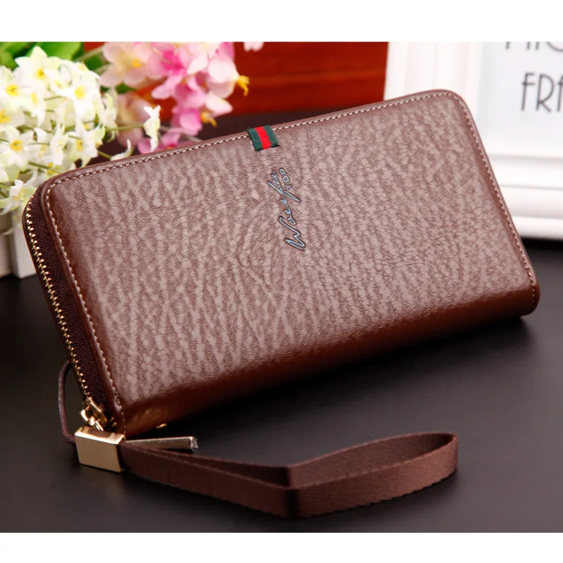 

Men Leather Wallet with Strap High Quality Zipper Wallets Famous Brand Long Purse Male Clutch Man Casual Style Long Money Bag