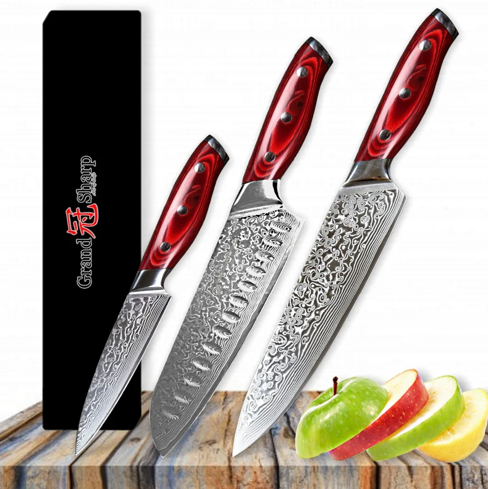 GRANDSHARP 3 шт. набор ножей из дамасской стали 67 слоев японской дамасской стали vg10 шеф-повар японский сантоку Многофункциональный кухонный нож подарок