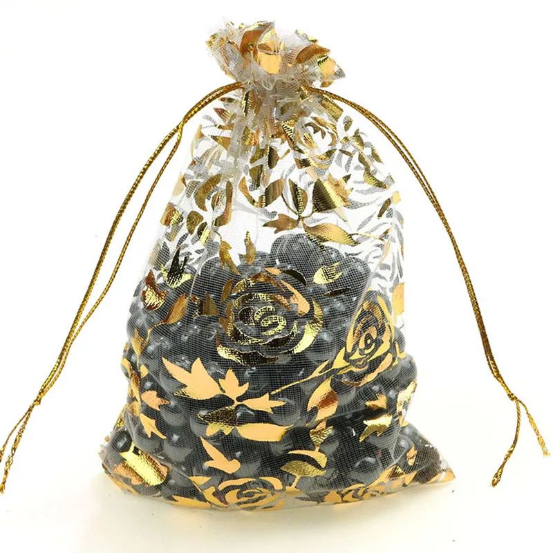 100Pcs 15x20 см 17x23 см(20x30 см золотое любовное сердце роза свадебная сумочка из органзы конфеты Рождественский подарок сумки украшения упаковки