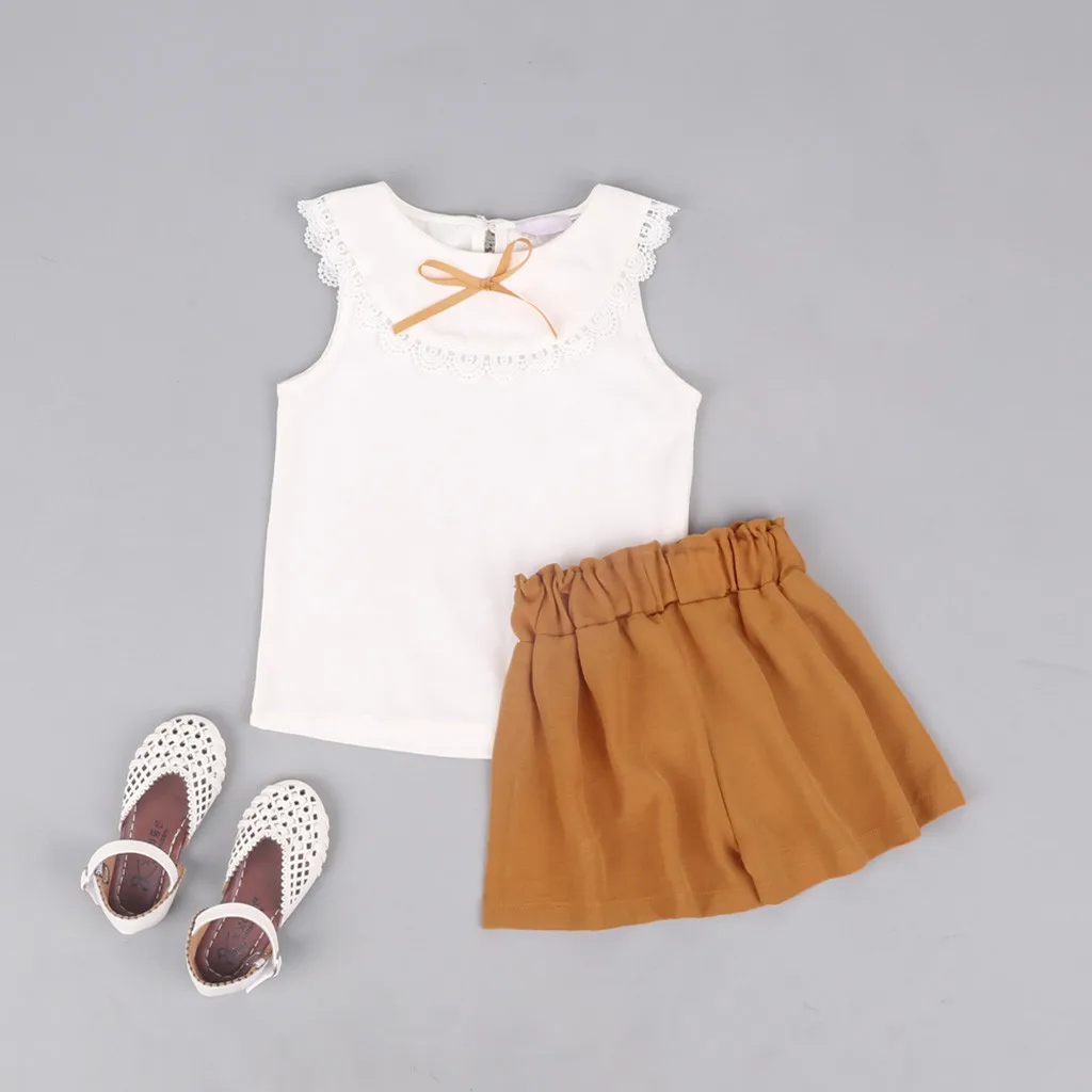 

Toddler girls summer clothes Baby Girl Outfits Clothes Doll Collar Bowknot Shirt Vest+Shorts Set vetement enfant fille#p35US