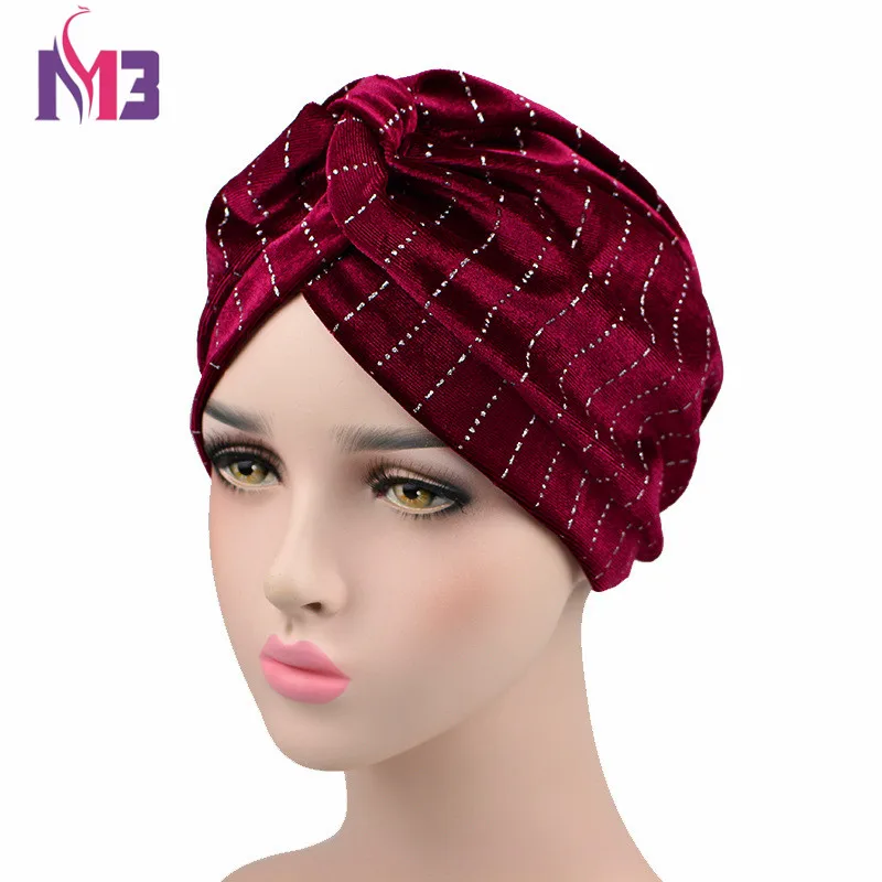 

Luxury Women Velvet Turban Sparkly Striped Muslim Turban Hat Bandanas Chemo Headwear Headband Hair Accessories Turbante Hat