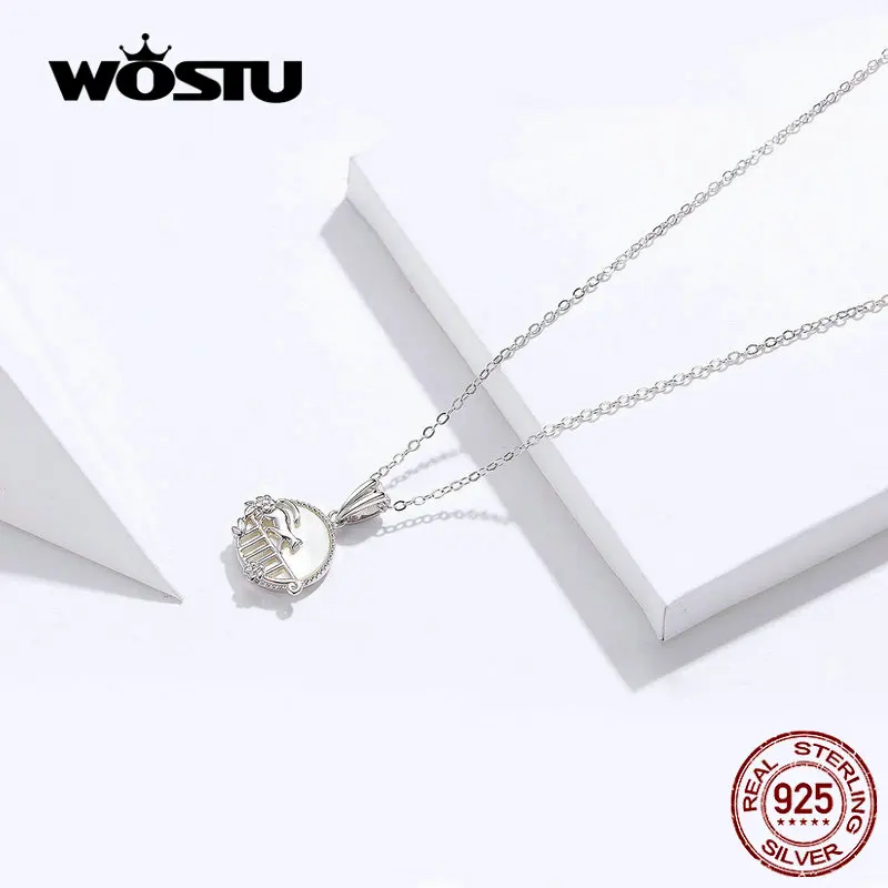 WOSTU,, 925 пробы, серебряное ожерелье, Китти, кот, ходьба на балкон, длинная цепочка, ожерелье для женщин, ювелирные изделия дружбы FIN334