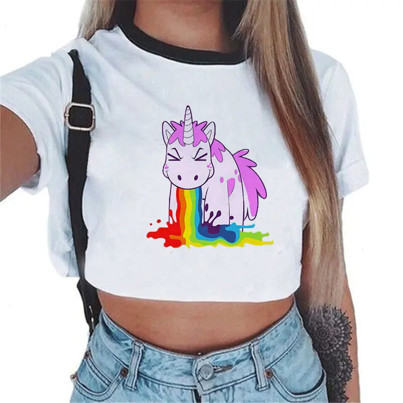 2019 Harajuku Радуга Единорог укороченный Топ Футболка женские кавай Топы Licorne