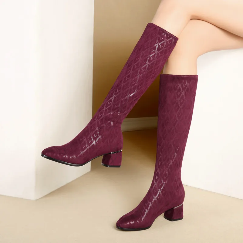 Meotina/Осенние Сапоги до колена женские облегающие эластичные высокие сапоги на толстом высоком каблуке модные высокие ботинки с круглым носком женские зимние размеры 34-39
