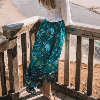 

KHLLE YOSE Floral Maxi Skirt Women Bohemian Red Long Skirt Rayon Elastic Waist Frill Ruffle Tassels Tie Up Hippie Holiday Skrit