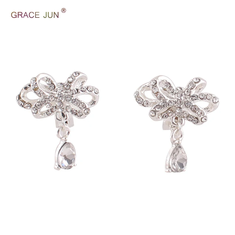 

GRACE JUN Rhinestone Crystal Bowknot Water Drop Clip on Earrings Non Piercing Fashion Gorgeous Needn't Ear Hole Earrings Bijoux
