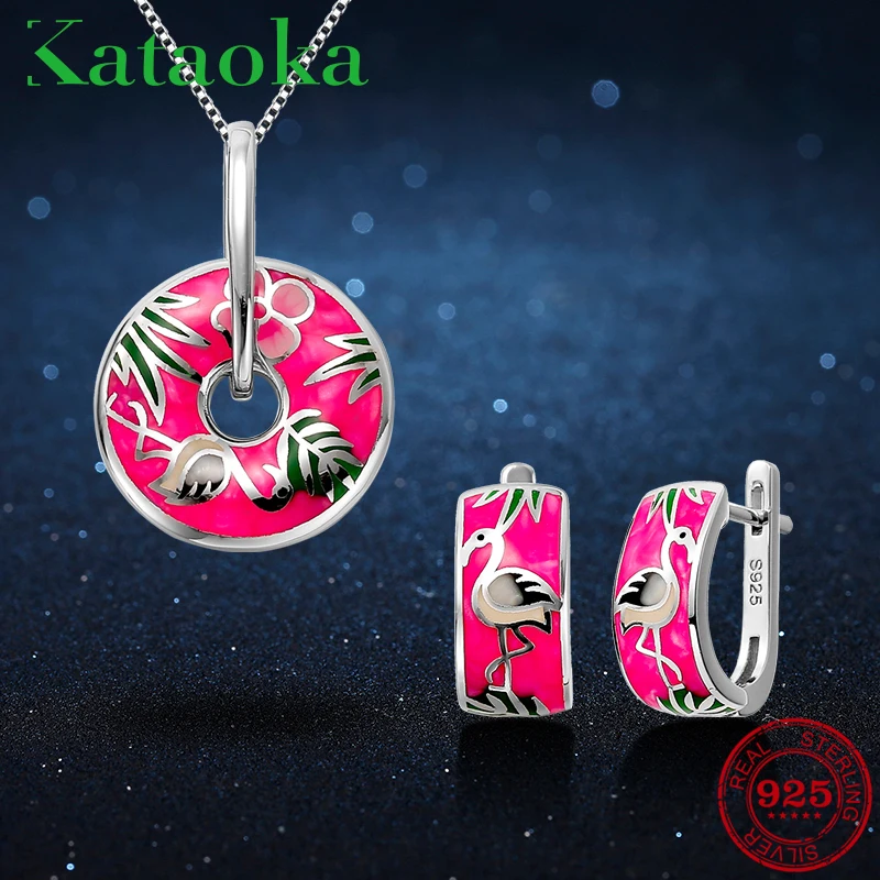 

Authentic Sterling Silver Luxury Jewelry sets Beautiful Pink Enamel Firebird shape Studs Earring and Necklace sets Fashion Gift