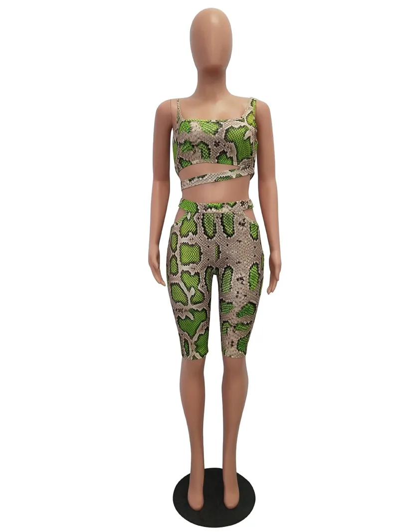 Sexy SnakeSkin Print Two Piece Sets Women Sleeveless Tank Crop Top and Knee-length Pants Cut Out Streetwear Matching Set Outfits Sexy SnakeSkin Print Two Piece Sets Women Sleeveless Tank Crop Top and Knee-length Pants Cut Out Streetwear Matching Set Outfits