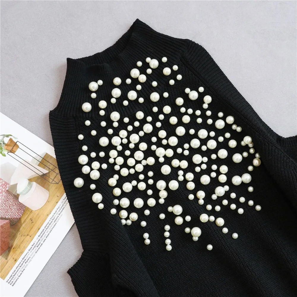 Chic Pearl Beading Sweater Women Off Shoulder Sexy Slim Knitting Jumpers Female Long Sleeves Elegant Spring Clothes 2019 Tops 