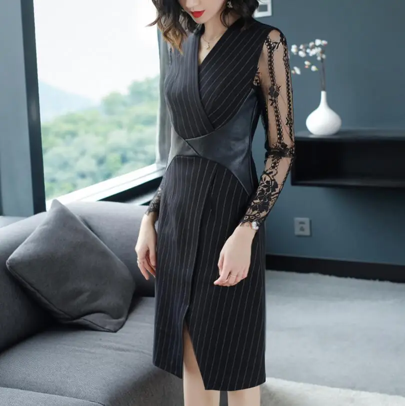 2018 New Spring Plus size   stripe  Lace   Net yarn  Long sleevesr Dress   Black Sexy  Party Texture Clothes Garment Dress