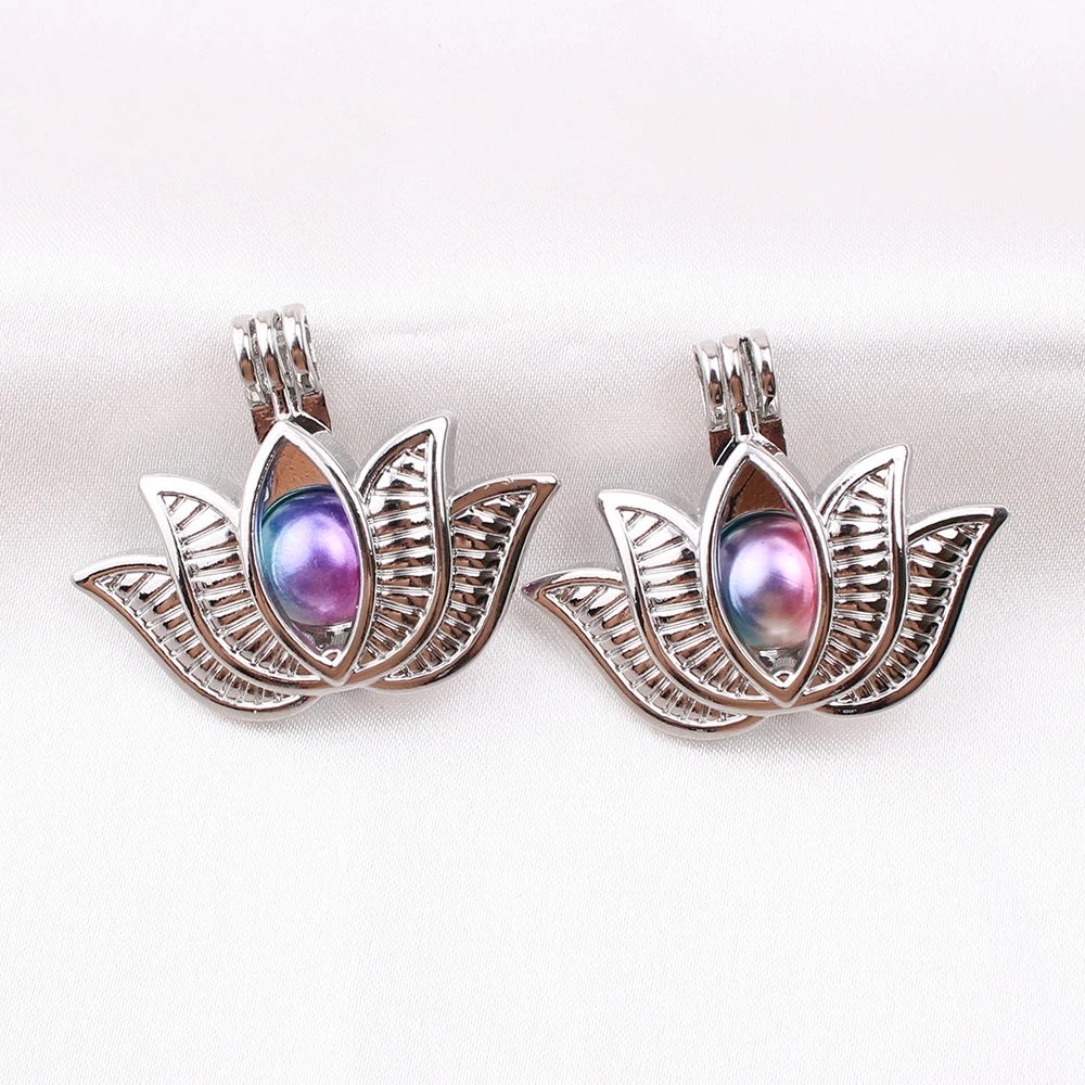 

10pcs Silver Plated Lotus Flower Pearl Cage Pendant Bead Cage Lockets Essential Oil Diffuser Necklace Charms for Oyster Pearl