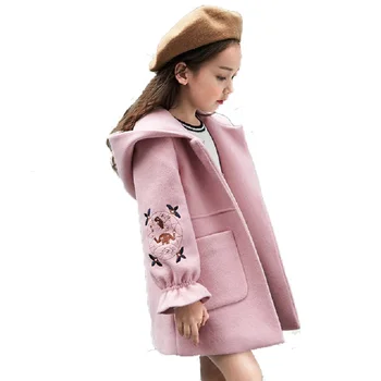 

2019 Autumn Winter Girls Woolen Coat Pink Red Flores Design Petal Sleeves Long Jacket for Kids Age 4 6 8 10 11 12 Years old