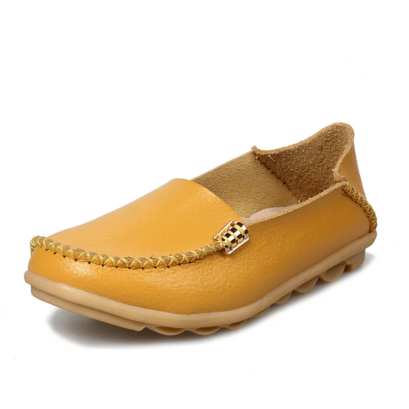 Женская обувь на плоской подошве; Осенняя женская обувь из натуральной кожи; плоский мокасин; повседневные женские лоферы без застежки; обувь для вождения лодки из коровьей кожи - Цвет: Цвет: желтый