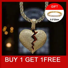 Hip Hop Bling Iced Out Tennnis Chain Copper Full Rhinestone Rope Chain Heart Breaking Pendant & Necklace For Men Jewelry rhinestone heart faux leather rope necklace